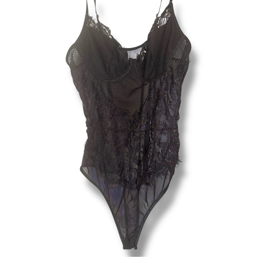 Black Lace & Mesh Lingerie Bodysuit Adjustable Straps XL NWOT